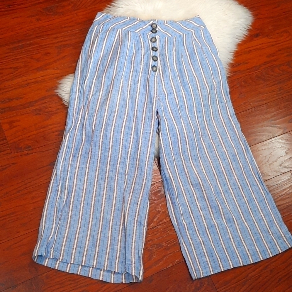 CALI 1850 Vertical Striped Wide Leg Button Front Crops